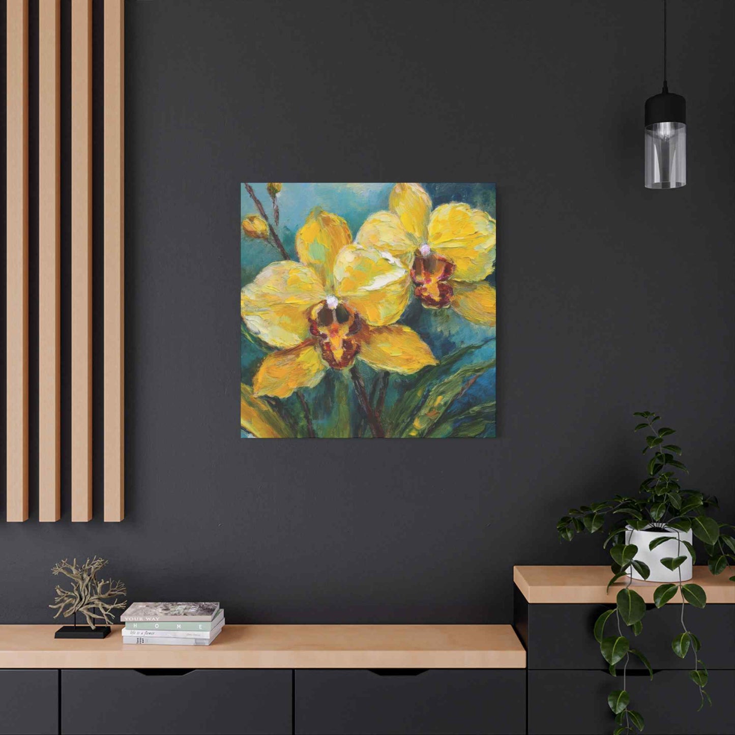 Yellow Orchids Print Canvas, Floral Oil Paint Print 20x20, 24x24, 30x30, 32x32, 36x36 Art Design Pine-Wood Inner Frame MC-139