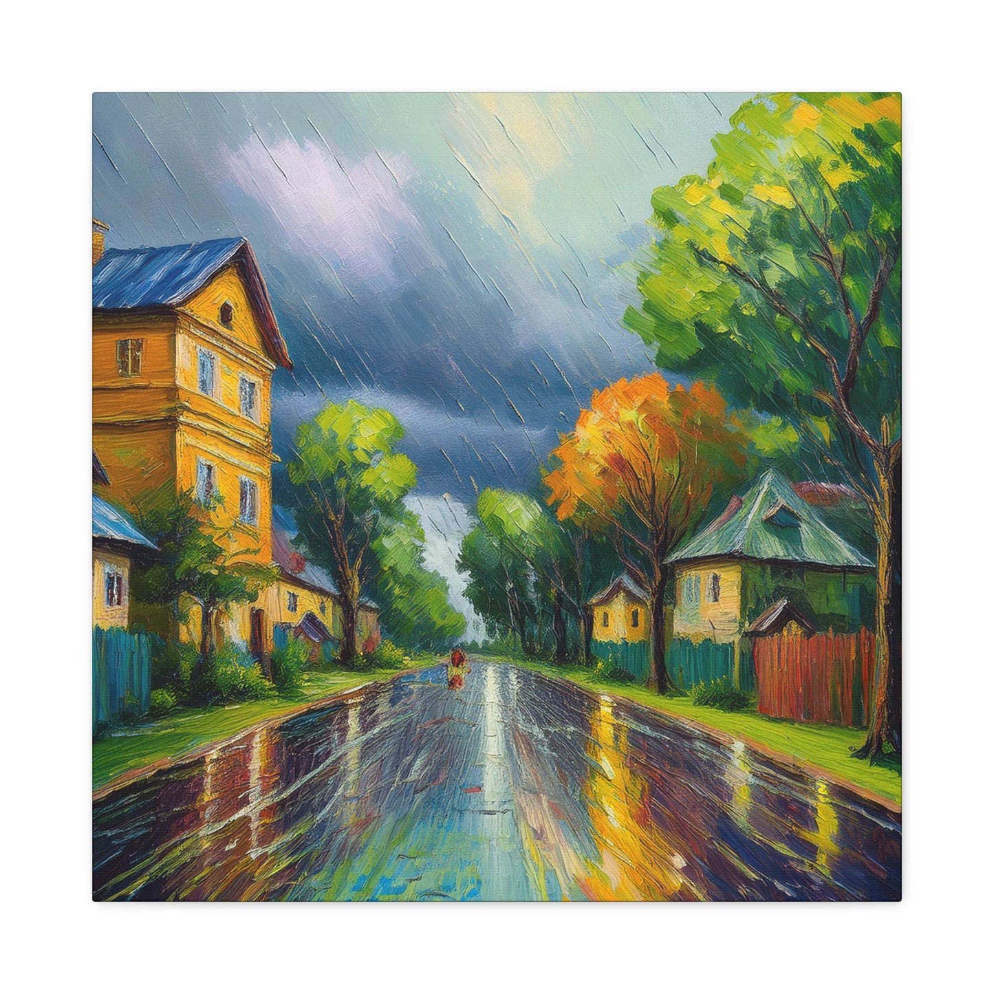 Rainy Village Street Canvas, Matte Oil Paint Print 20x20, 24x24, 30x30, 32x32, 36x36, Art Design Print Non-Frame MC-1