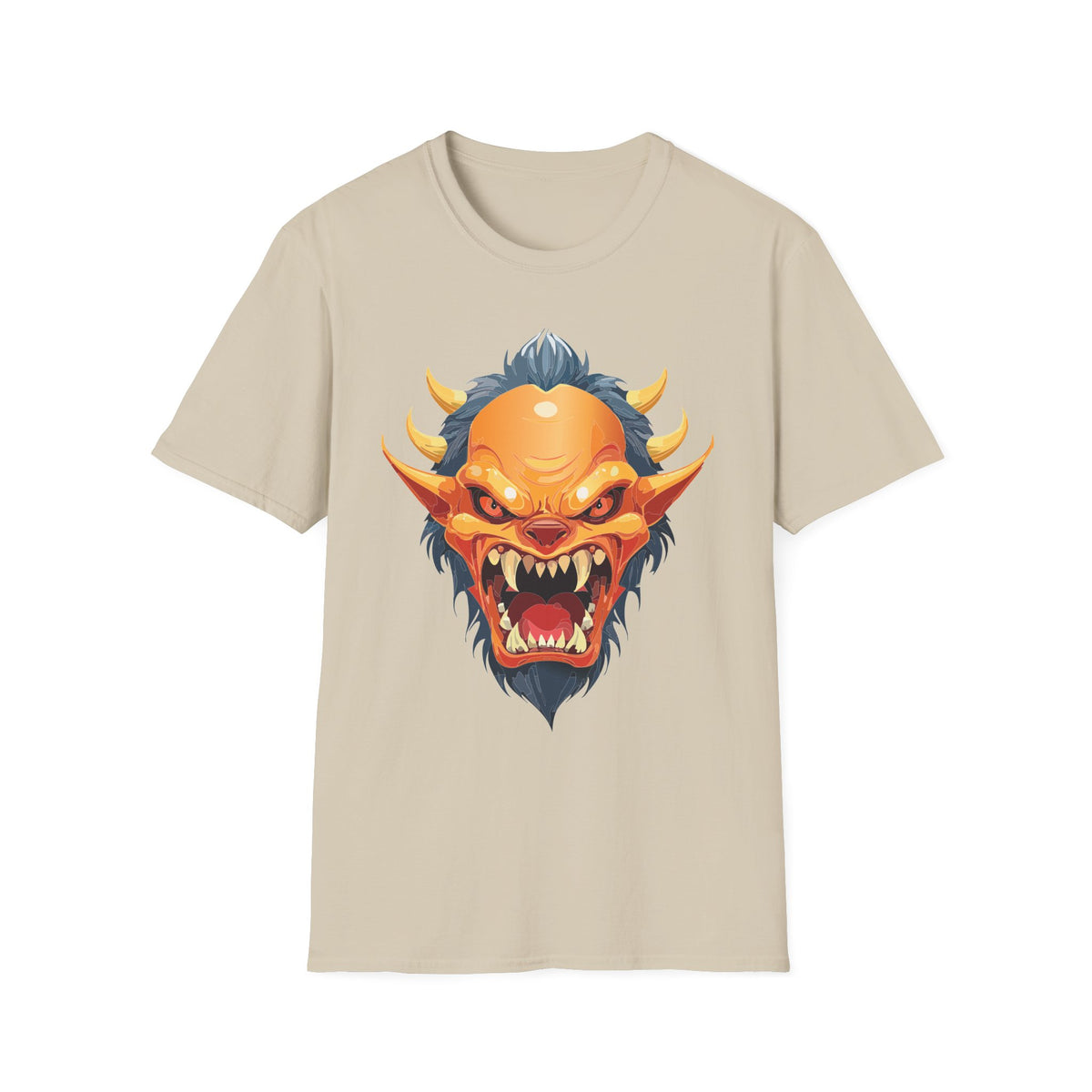 Demonic Oni Mask T-Shirt — Fierce Japanese Demon Face Cartoon Graphic Tee Unisex 100 Cotton Gildan T-Shirt