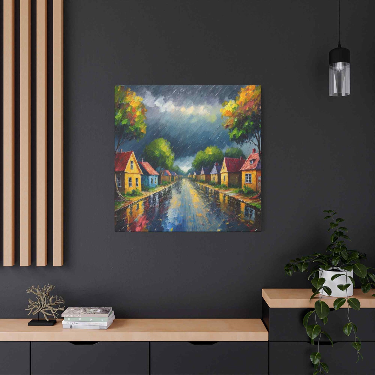Rainy Village Street Canvas, Matte Oil Paint Print 20x20, 24x24, 30x30, 32x32, 36x36, Art Design Print Non-Frame MC-3