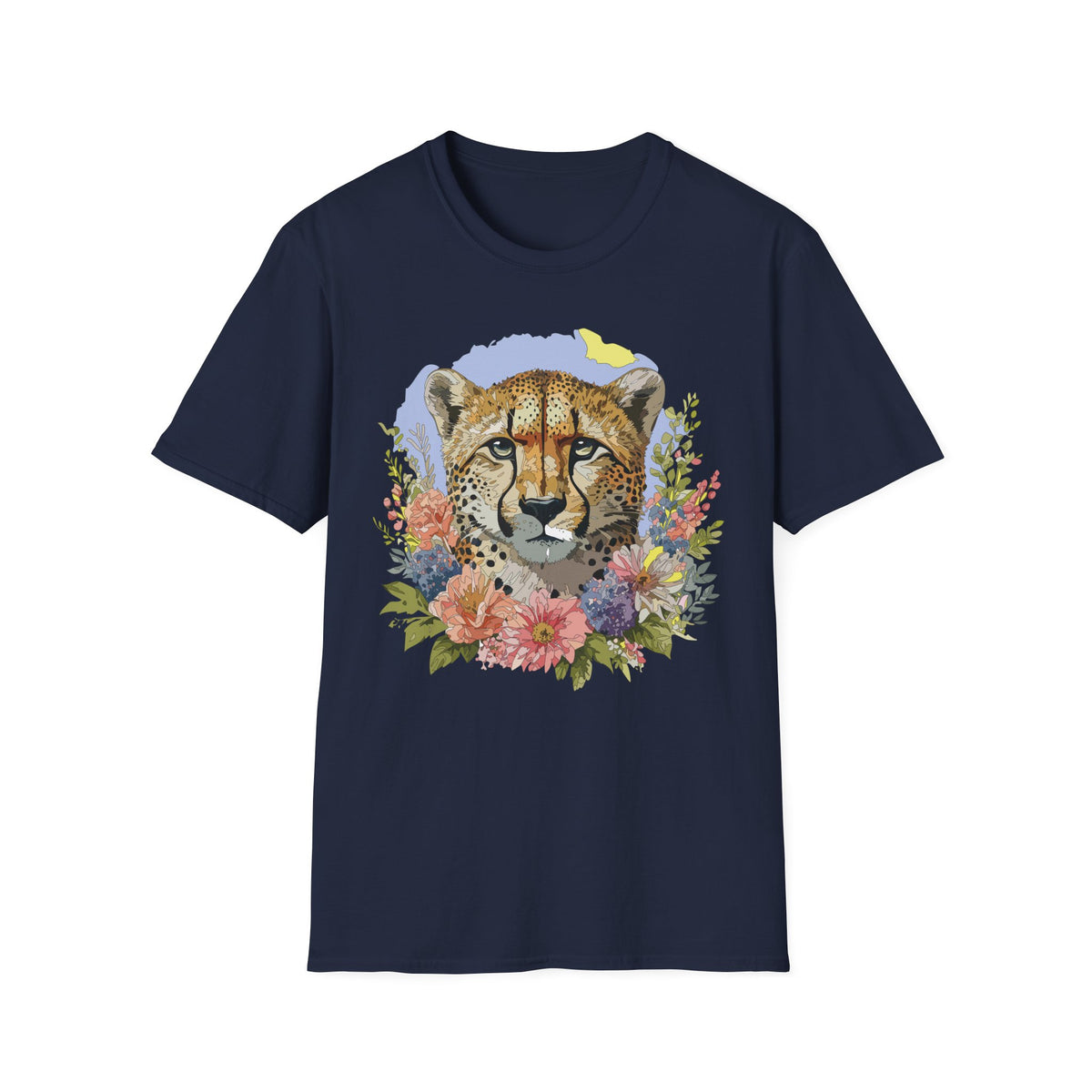 Cheetah Face Floral Illustration T-Shirt | Wildlife Animal Tee