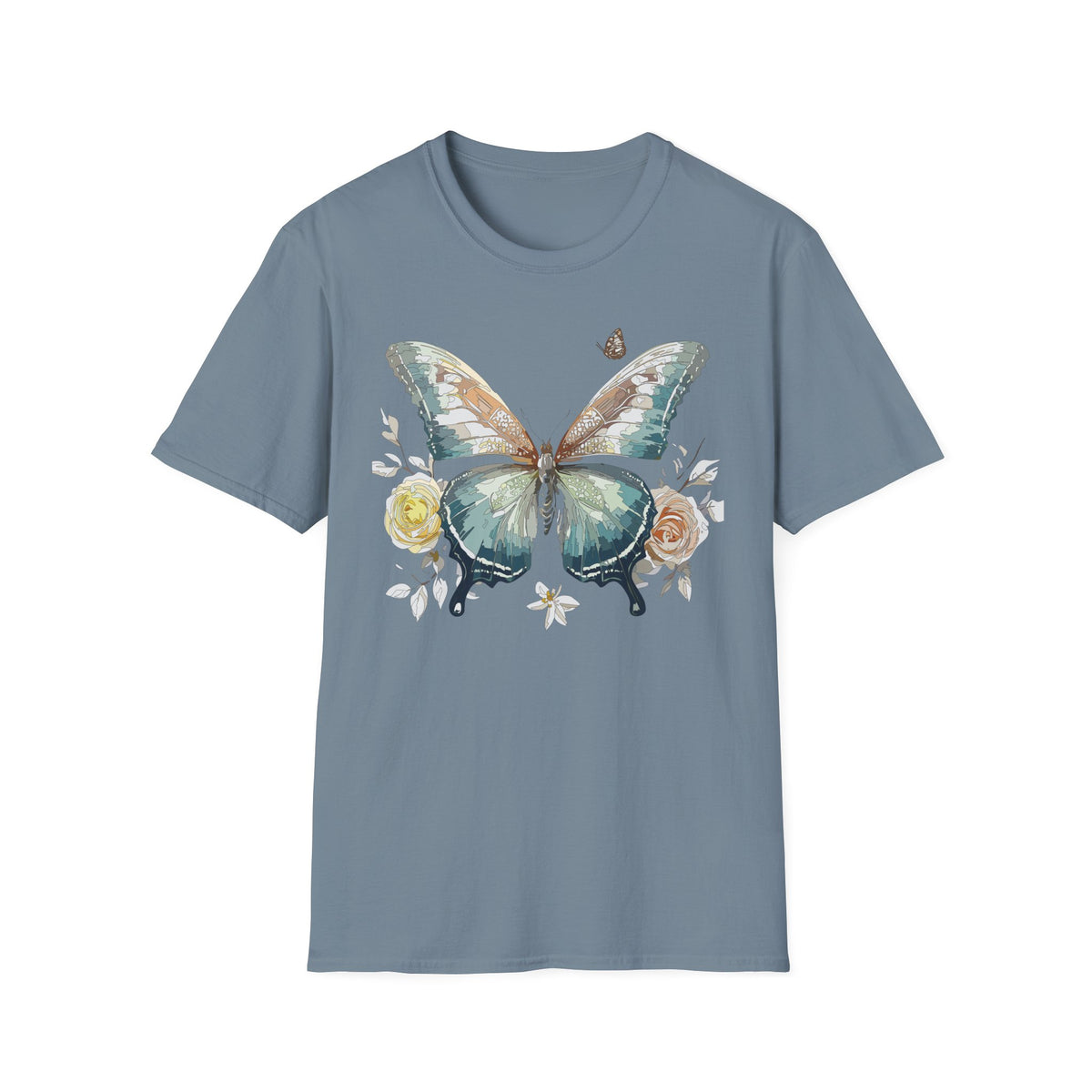 Teal Watercolor Butterfly T-Shirt | Floral Accent Graphic Tee Unisex 100 Cotton Gildan T-Shirt
