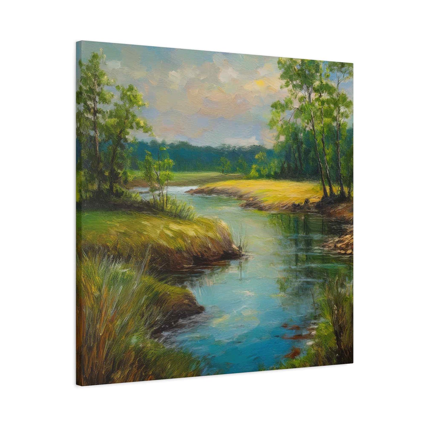 River Print Canvas, Landscape Oil Paint Print 20x20, 24x24, 30x30, 32x32, 36x36 Art Design Print Pine-Wood Inner Frame MC-55