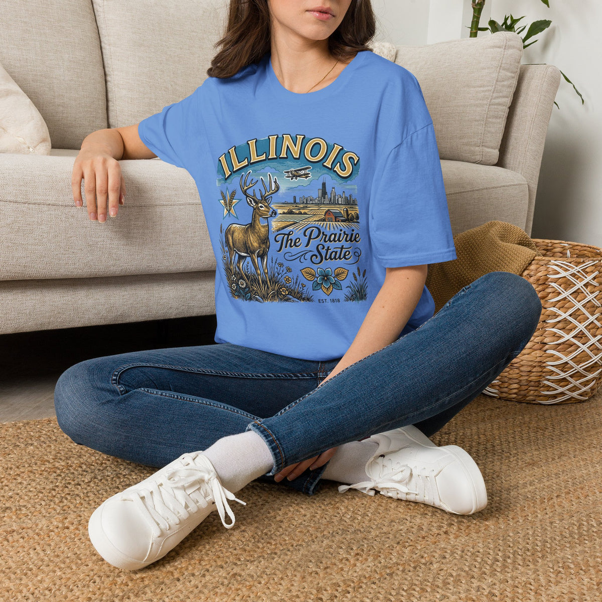 Illinois The Prairie State T-Shirt — Deer & Skyline Vintage Travel Tourist Graphic Tee Unisex 100 Cotton Gildan T-Shirt