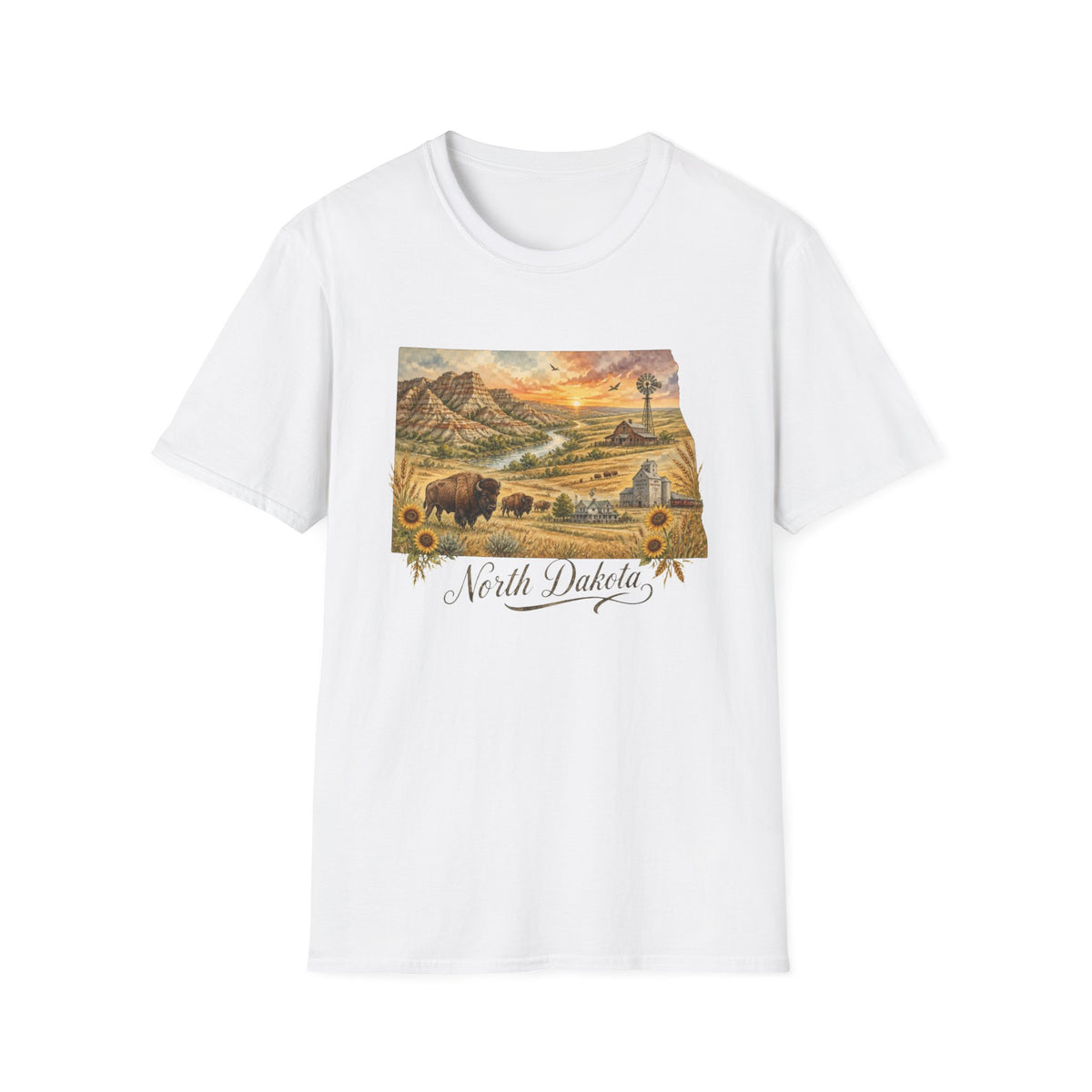 North Dakota State Travel Tourist Graphic Design Unisex 100 Cotton Gildan T-Shirt
