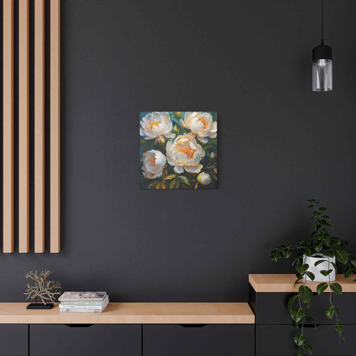 White Peonies Print Canvas, Floral Oil Paint Print 20x20, 24x24, 30x30, 32x32, 36x36 Art Design Pine-Wood Inner Frame MC-118
