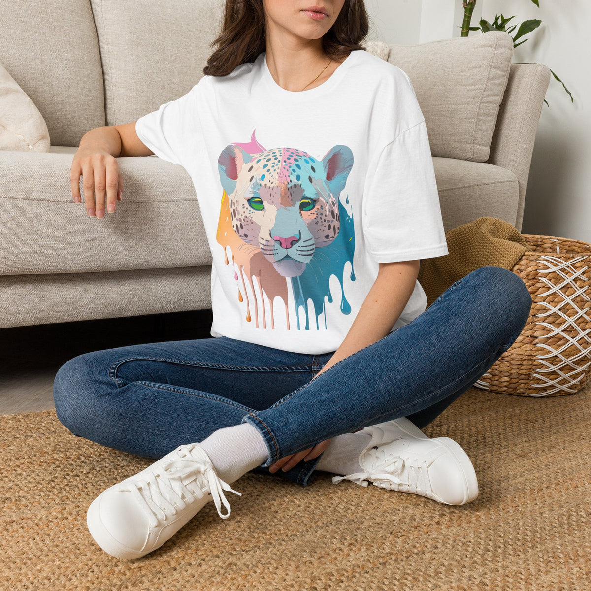 Colorful Leopard Portrait T-Shirt | Dripping Paint Cat Tee