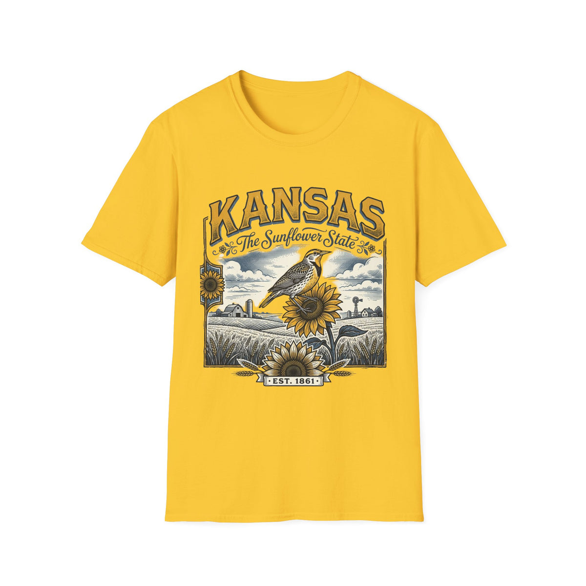 Kansas The Sunflower State T-Shirt | Vintage Meadow Bird Sunflower Design