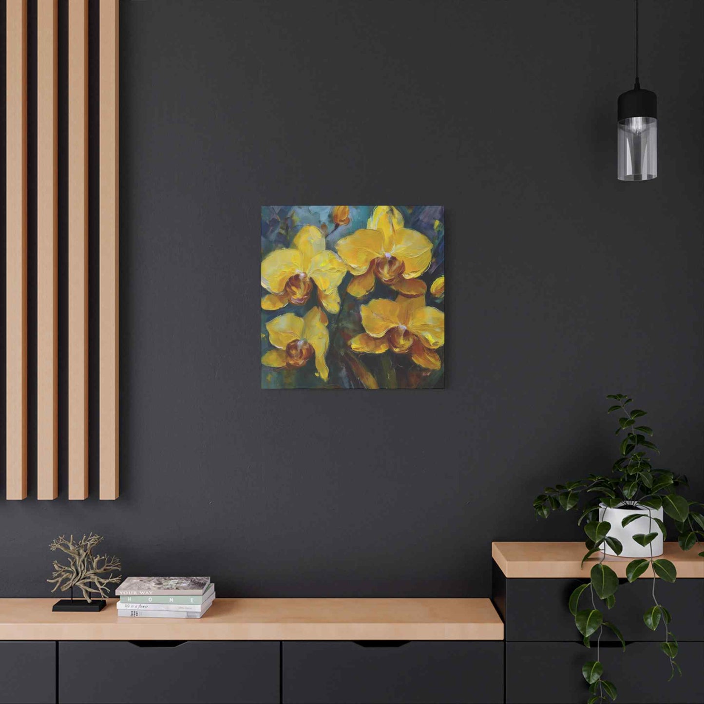 Yellow Orchids Print Canvas, Floral Oil Paint Print 20x20, 24x24, 30x30, 32x32, 36x36 Art Design Pine-Wood Inner Frame MC-138