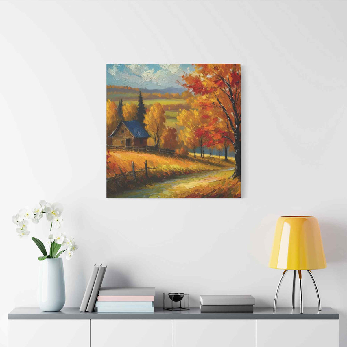 Countryside Fall Print Canvas, Oil Paint Print 20x20, 24x24, 30x30, 32x32, 36x36 Art Design Pine-Wood Inner Frame MC-107
