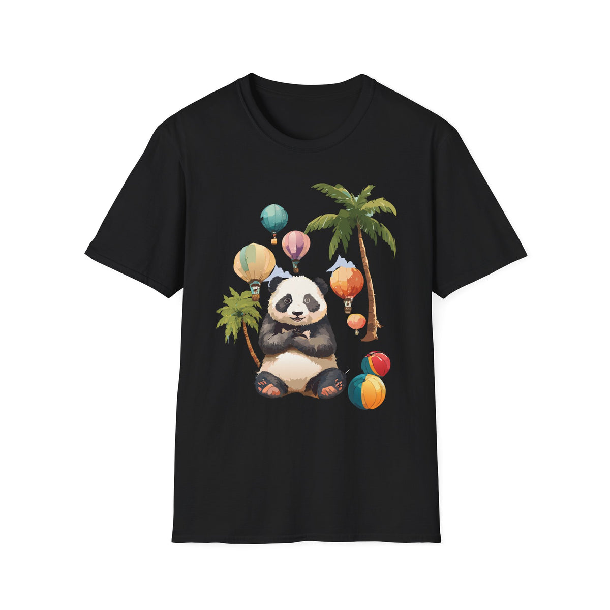 Panda with Hot Air Balloons T-Shirt | Palm Trees, Cute Animal Illustration