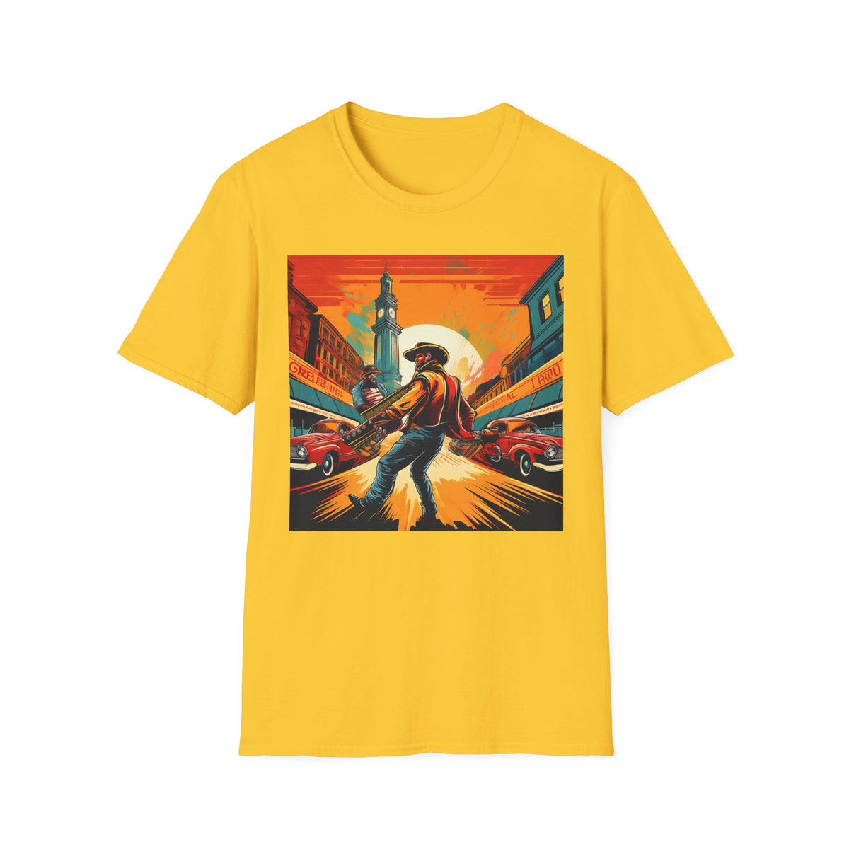 Cowboy Sunset illustration T-Shirt | Western scene, vintage poster Graphic Tee Unisex 100 Cotton Gildan T-Shirt