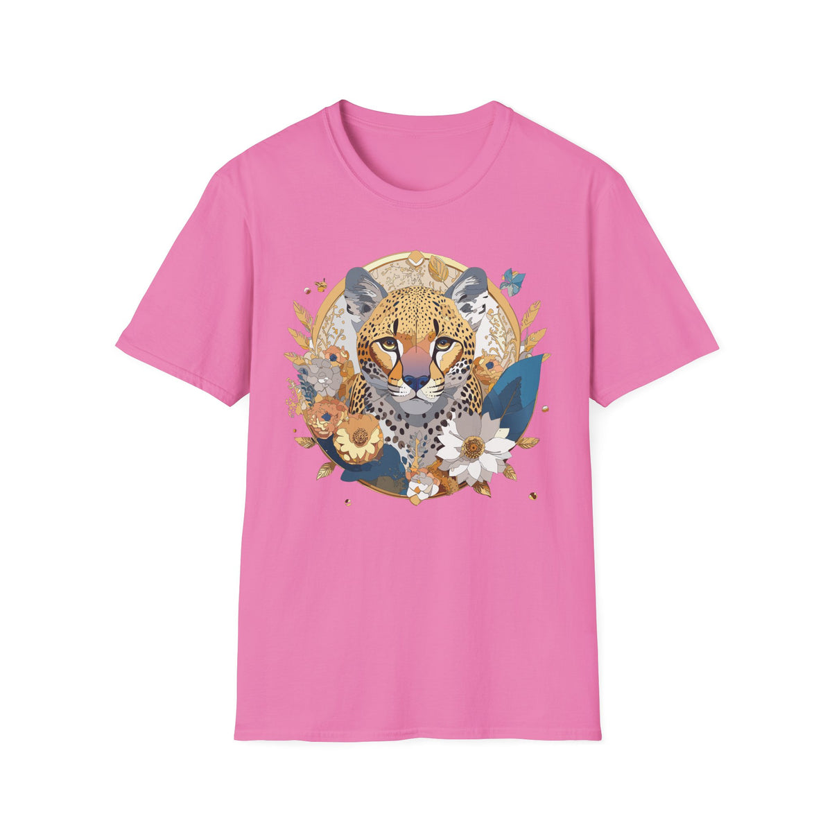Floral Cheetah Portrait T-Shirt | Leopard Face Botanical Tee