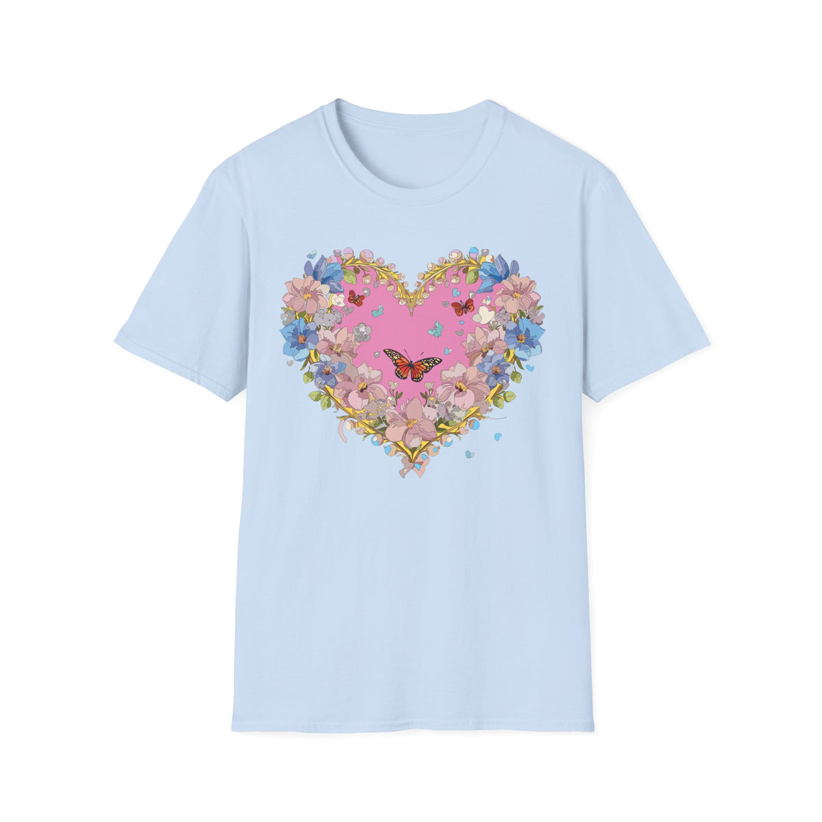 Floral Heart with Butterfly T-Shirt | Pink Bloom Love Graphic Tee Unisex 100 Cotton Gildan T-Shirt