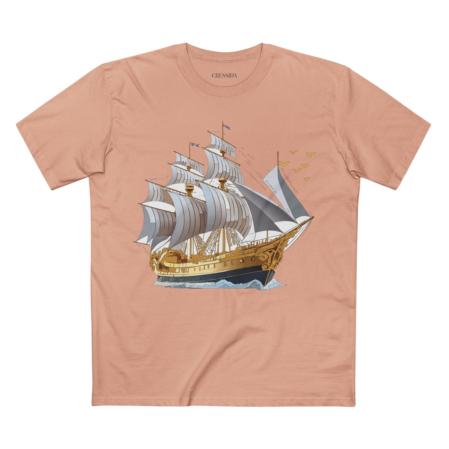 Ship Graphic Unisex 100 Cotton T-Shirt with Gold Frigate Art Design 14