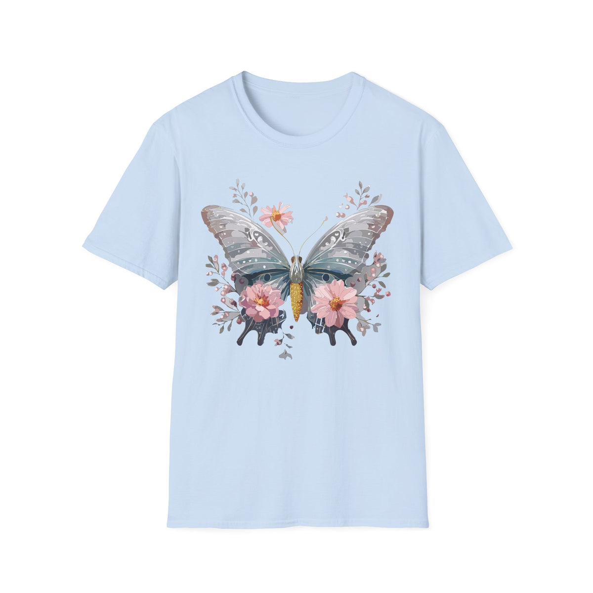 Butterfly Floral T‑Shirt — Watercolor Moth & Pink Flowers Graphic Tee Unisex 100 Cotton Gildan T-Shirt