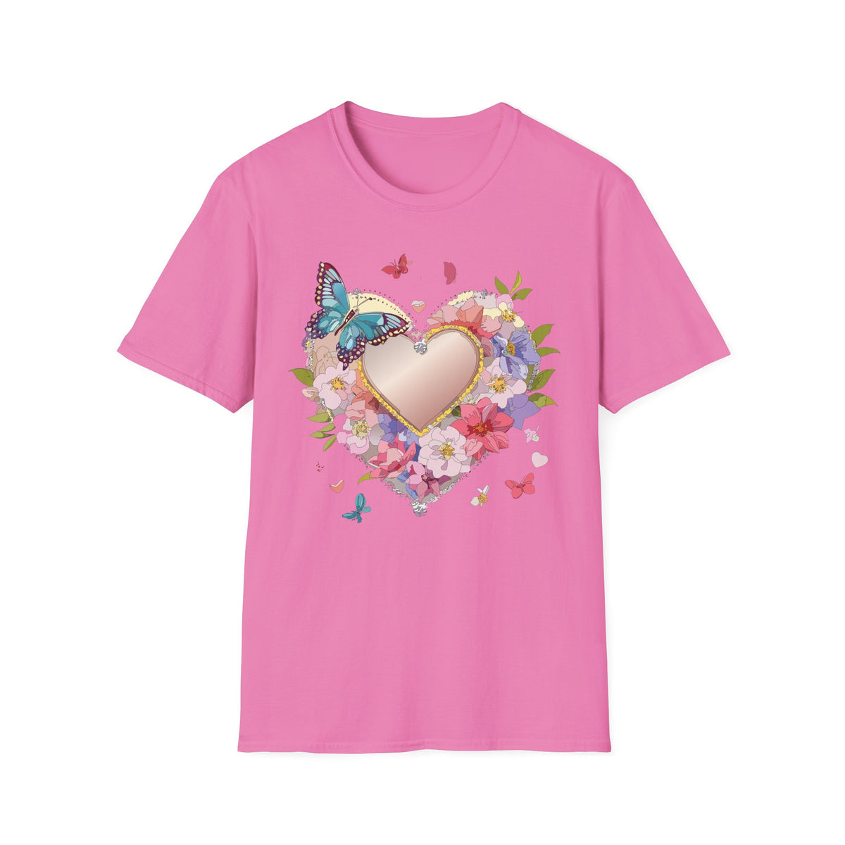 Butterfly Floral Heart Pink Gold Heart with Flowers and Butterflies Graphic Design Unisex 100 Cotton Gildan T-Shirt