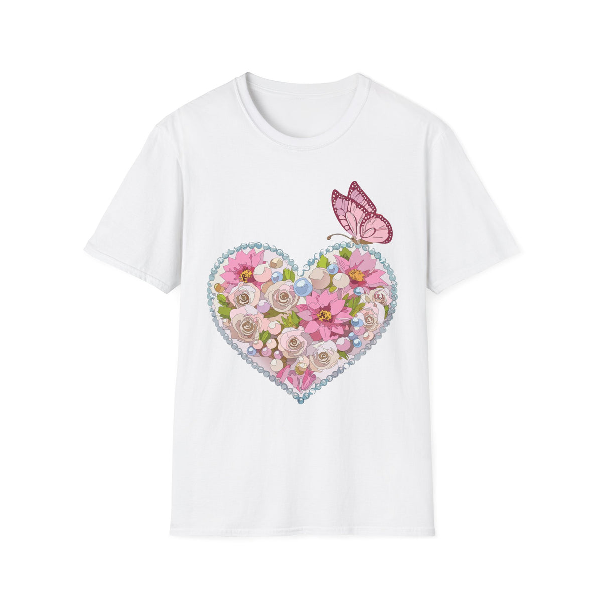 Floral Heart with Butterfly T-Shirt | Pink Flower Heart Graphic Tee Unisex 100 Cotton Gildan T-Shirt