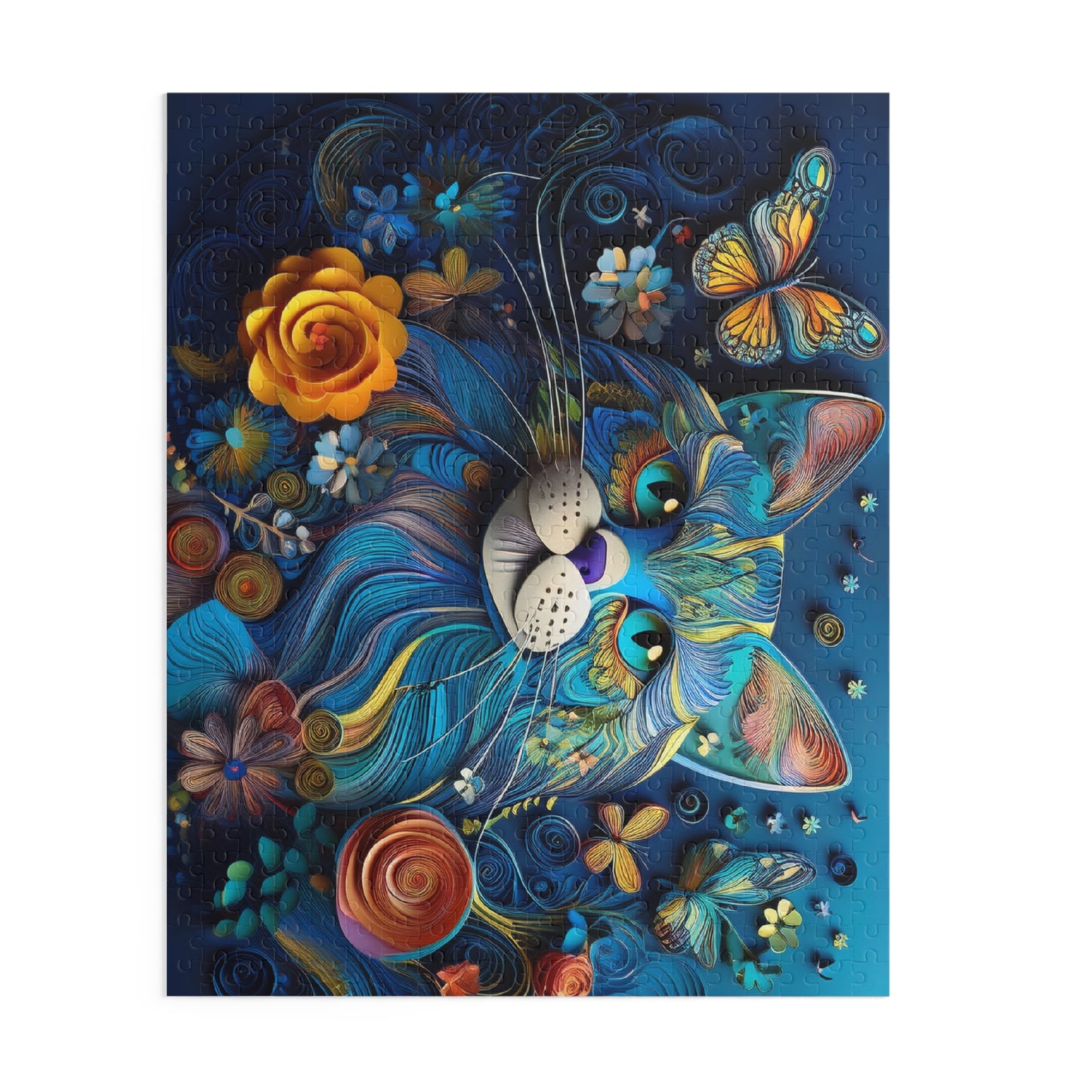 3D Blue Cat Face Puzzle 500-Piece | Floral Cat Puzzle 500-Piece Ages 9+