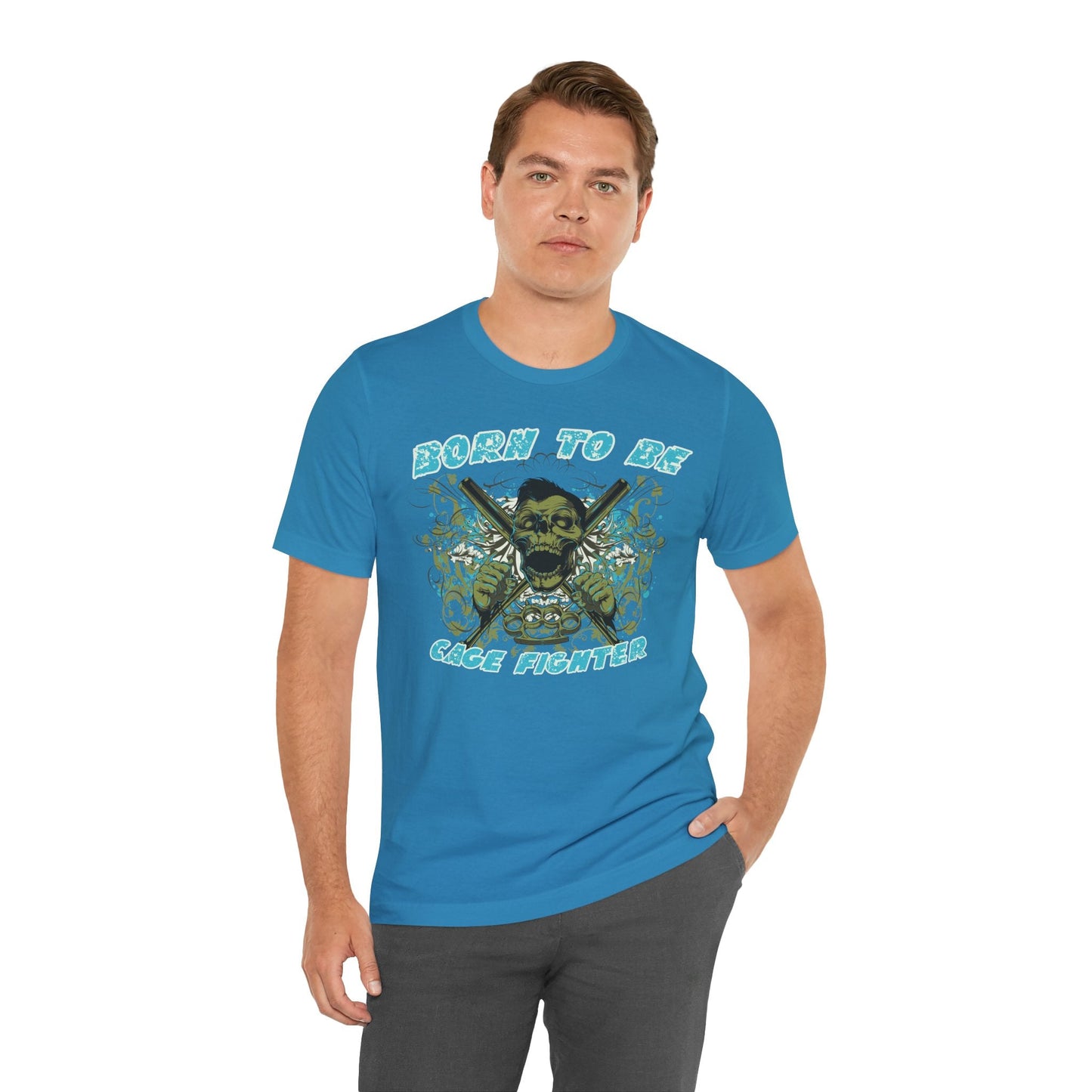 Born To Be Cage Fighter Tee Skull Crossed Knives Graphic T-Shirt