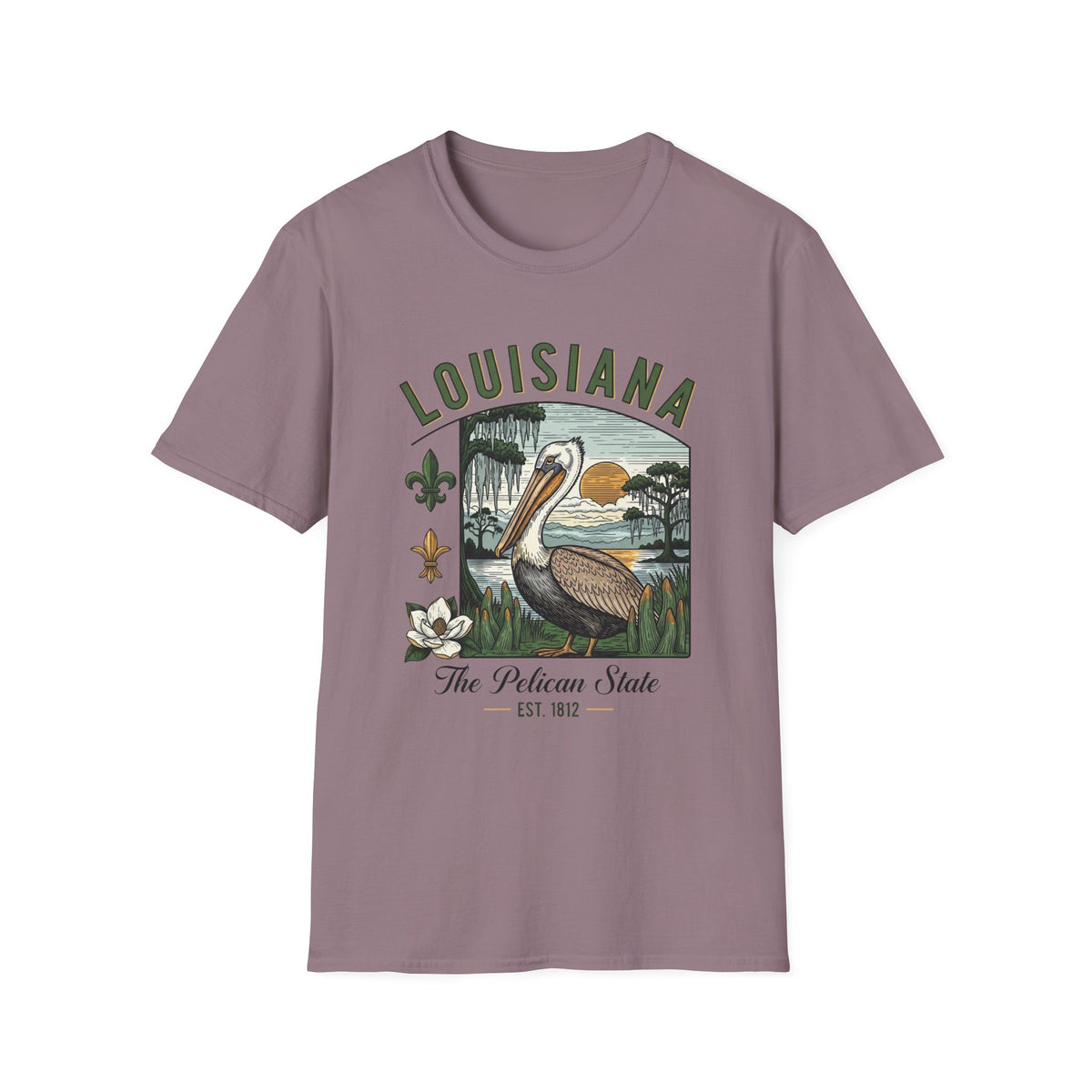 Louisiana Pelican State Graphic T-Shirt — Vintage Bayou Sunset Travel Tourist Graphic Design Unisex 100 Cotton Gildan T-Shirt