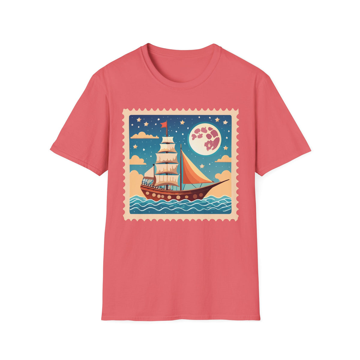 Sailboat Night Scene T-Shirt | Retro Nautical Moon Illustration