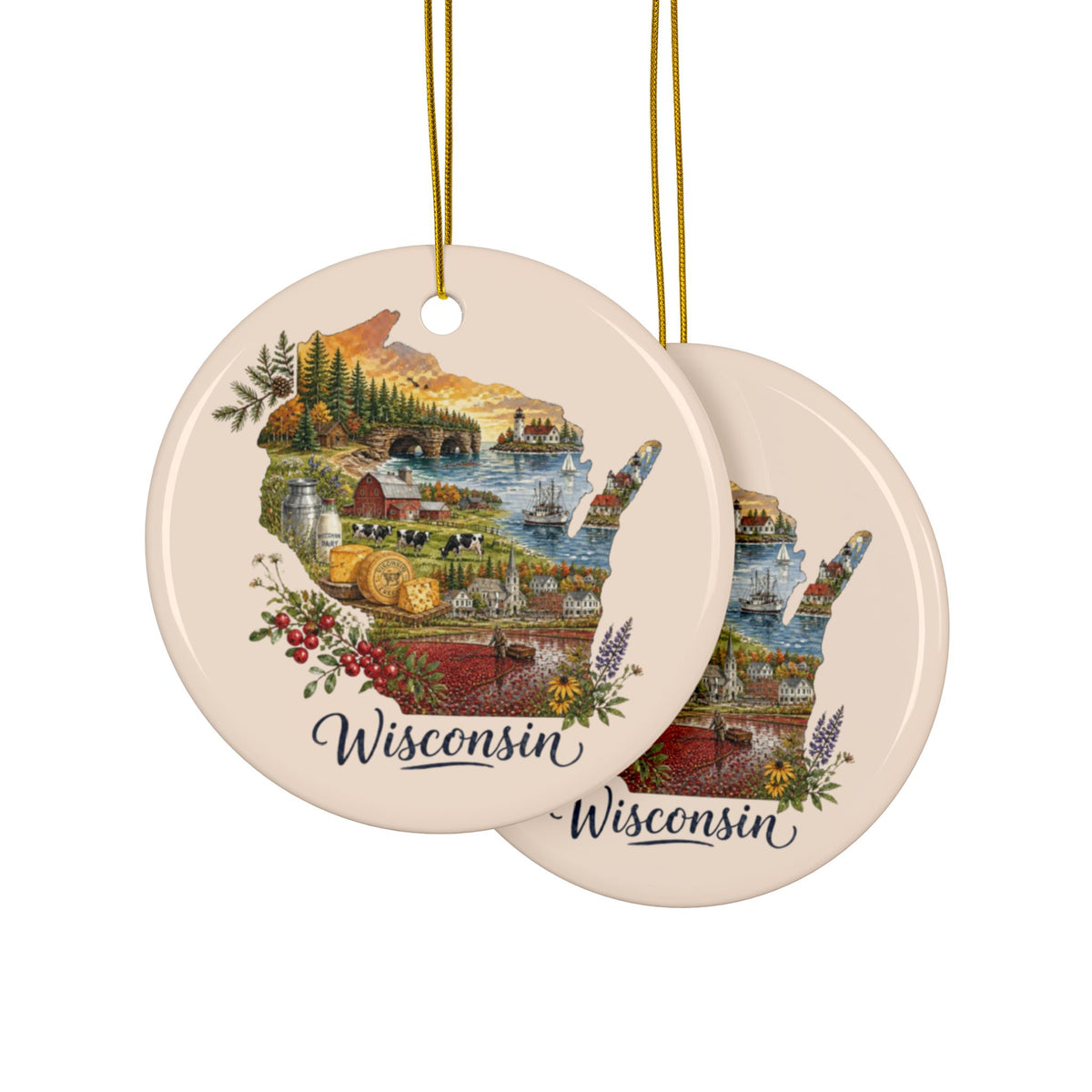 Wisconsin State Map Illustration Ornament | Ceramic Round Ornament - 2.99" Includes Gold String