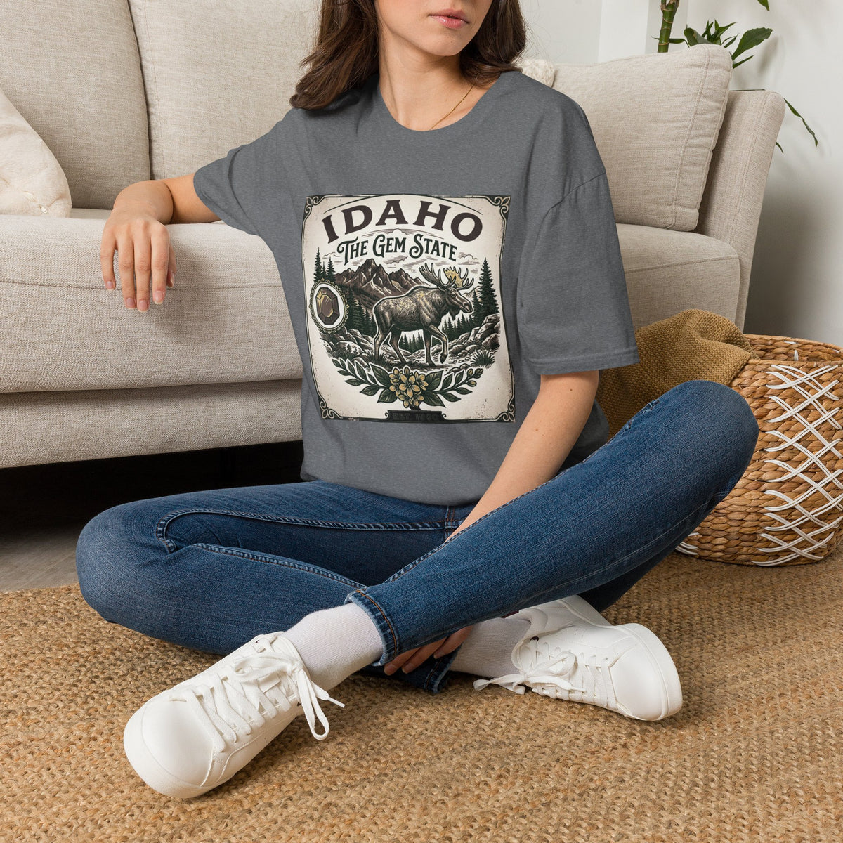 Idaho The Gem State Vintage Moose Travel Tourist Graphic Design Unisex 100 Cotton Gildan T-Shirt