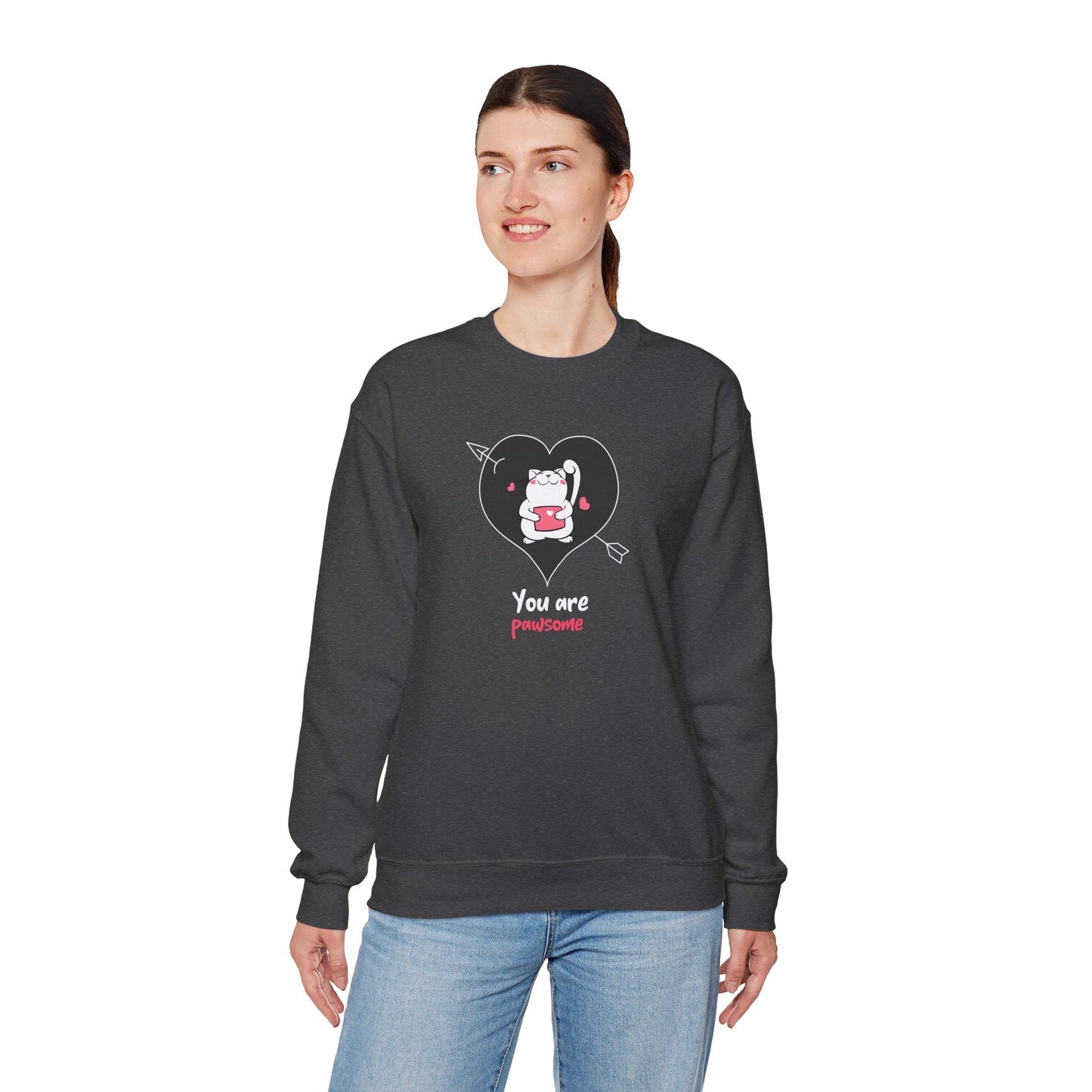 Cat Heart Sweatshirt Unisex Valentines Day Fifty Fifty Cotton Poly Crewneck Gildan 18000
