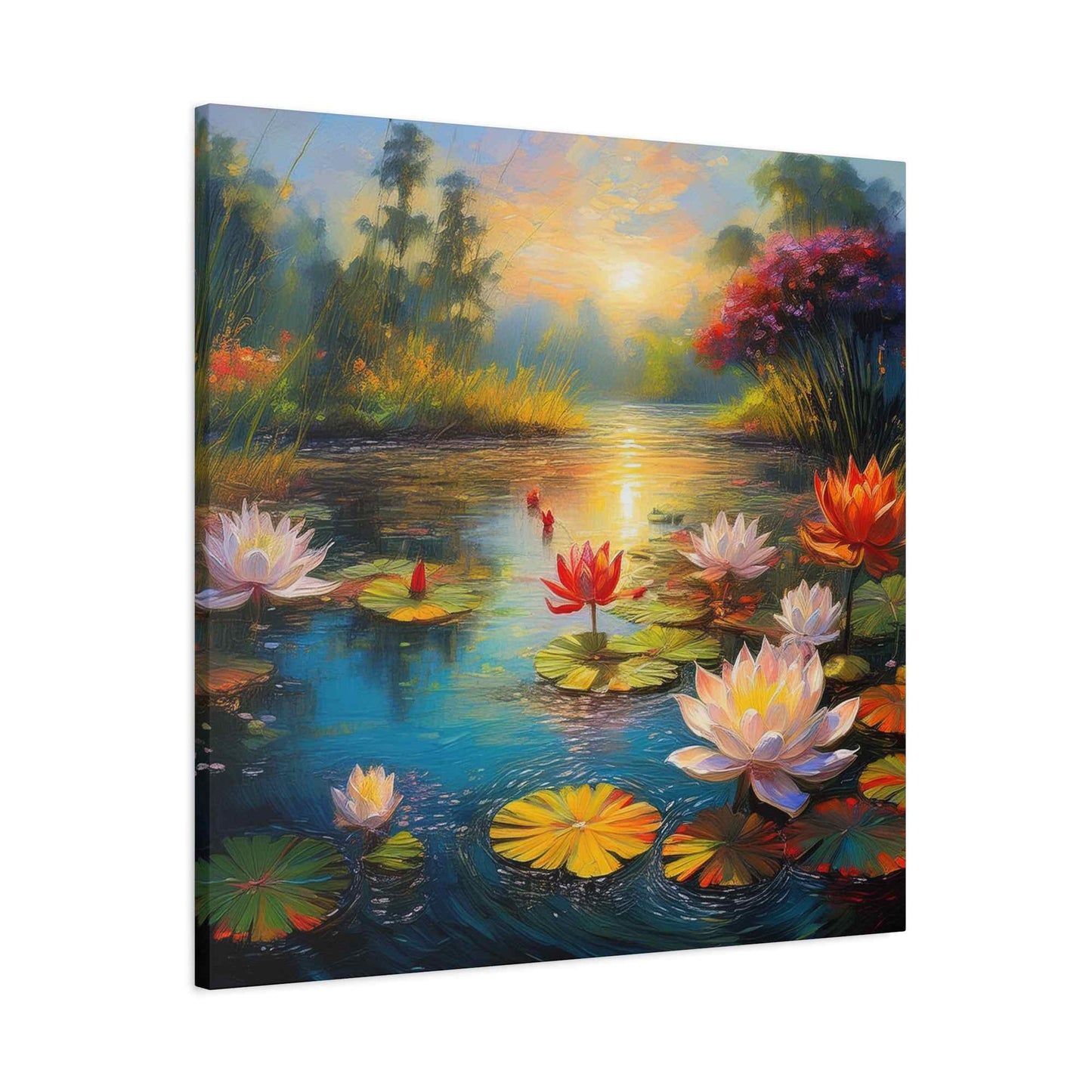 Water Lilies Print Canvas, Oil Paint Print 20x20, 24x24, 30x30, 32x32, 36x36 Floral Art Print Pine-Wood Inner Frame MC-67
