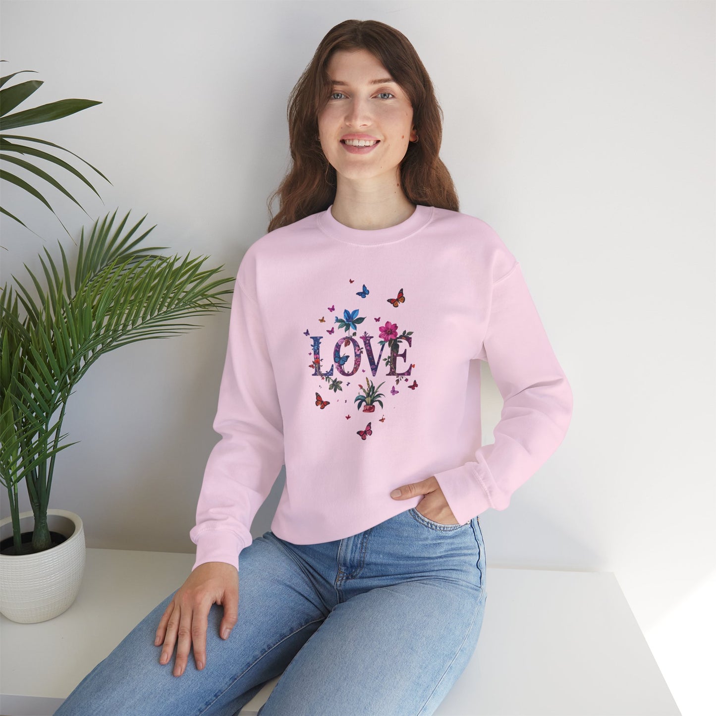 Unisex Floral Love Sweatshirt, Love Floral Sweatshirt, Floral Butterfly Sweatshirt, 50/50 Cotton-Poly Valentine's Day Sweatshirt 03