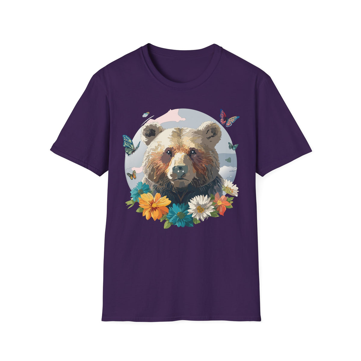 Bear Portrait with Butterflies T-Shirt | Floral Nature Animal Graphic Tee Unisex 100 Cotton Gildan T-Shirt
