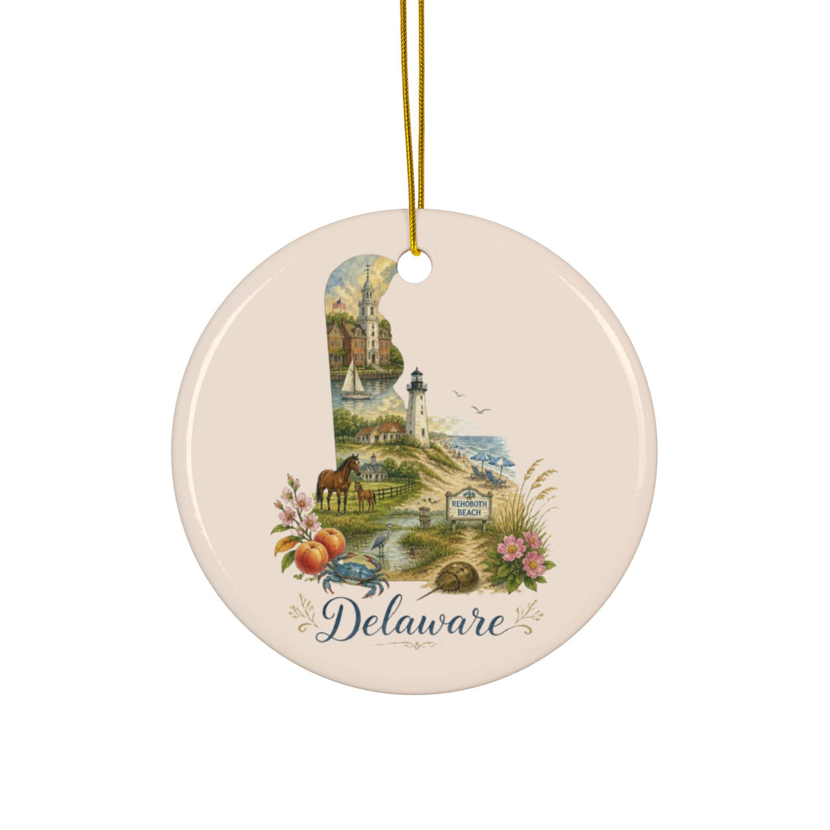 Delaware State Map Collage Ceramic Ornament - 2.99" Includes Gold String