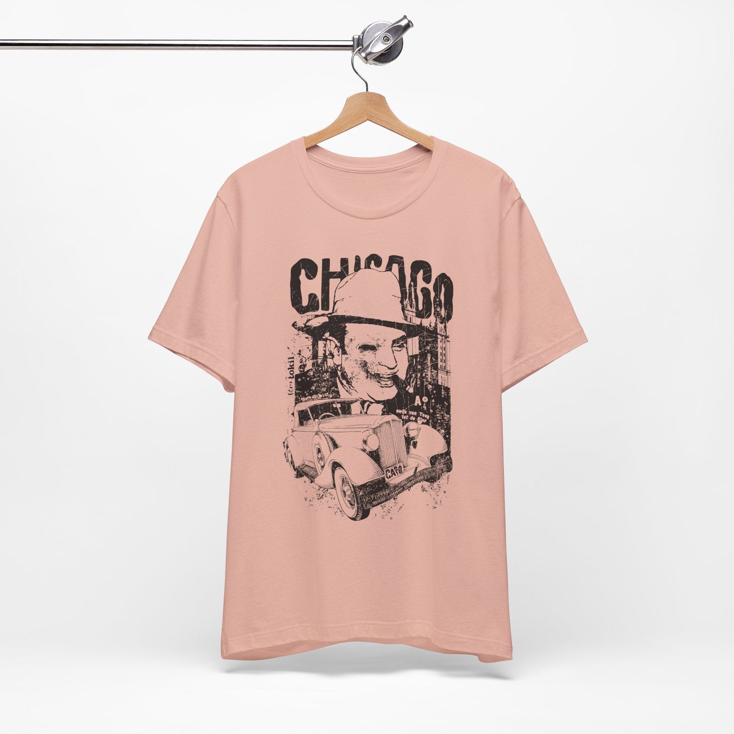 Chicago Retro Mobster Illustration Tee Vintage Car Cityscape Art Design T-Shirt A-8