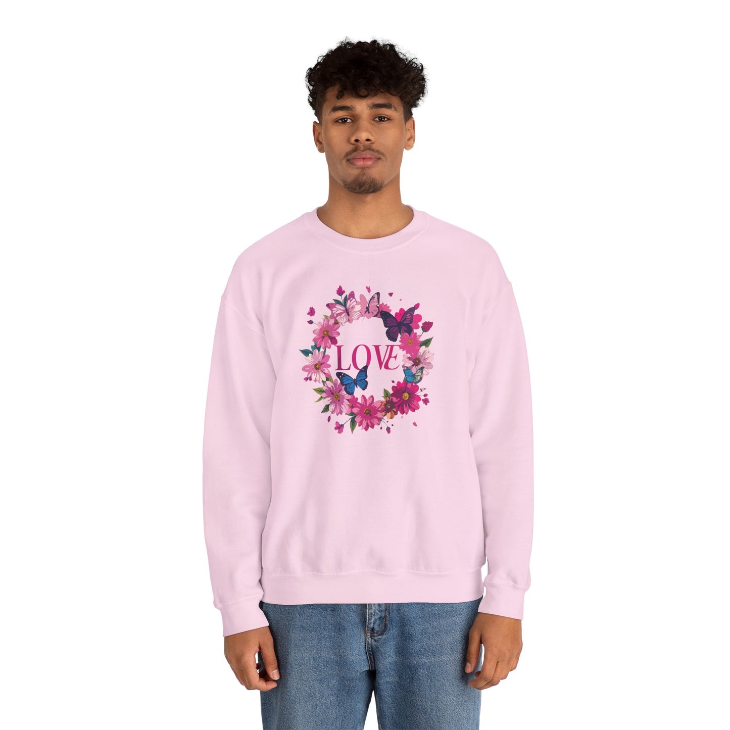 Unisex Floral Love Sweatshirt, Love Floral Sweatshirt, Floral Butterfly Sweatshirt, 50/50 Cotton-Poly Valentine's Day Sweatshirt 04