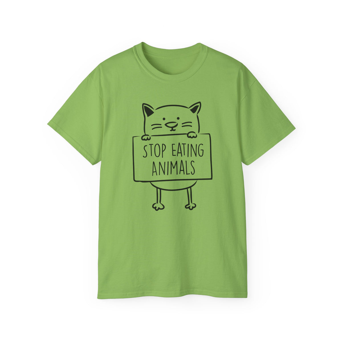 Cat Holding Sign Stop Eating Animals T-Shirt | Vegan Animal Rights Tee