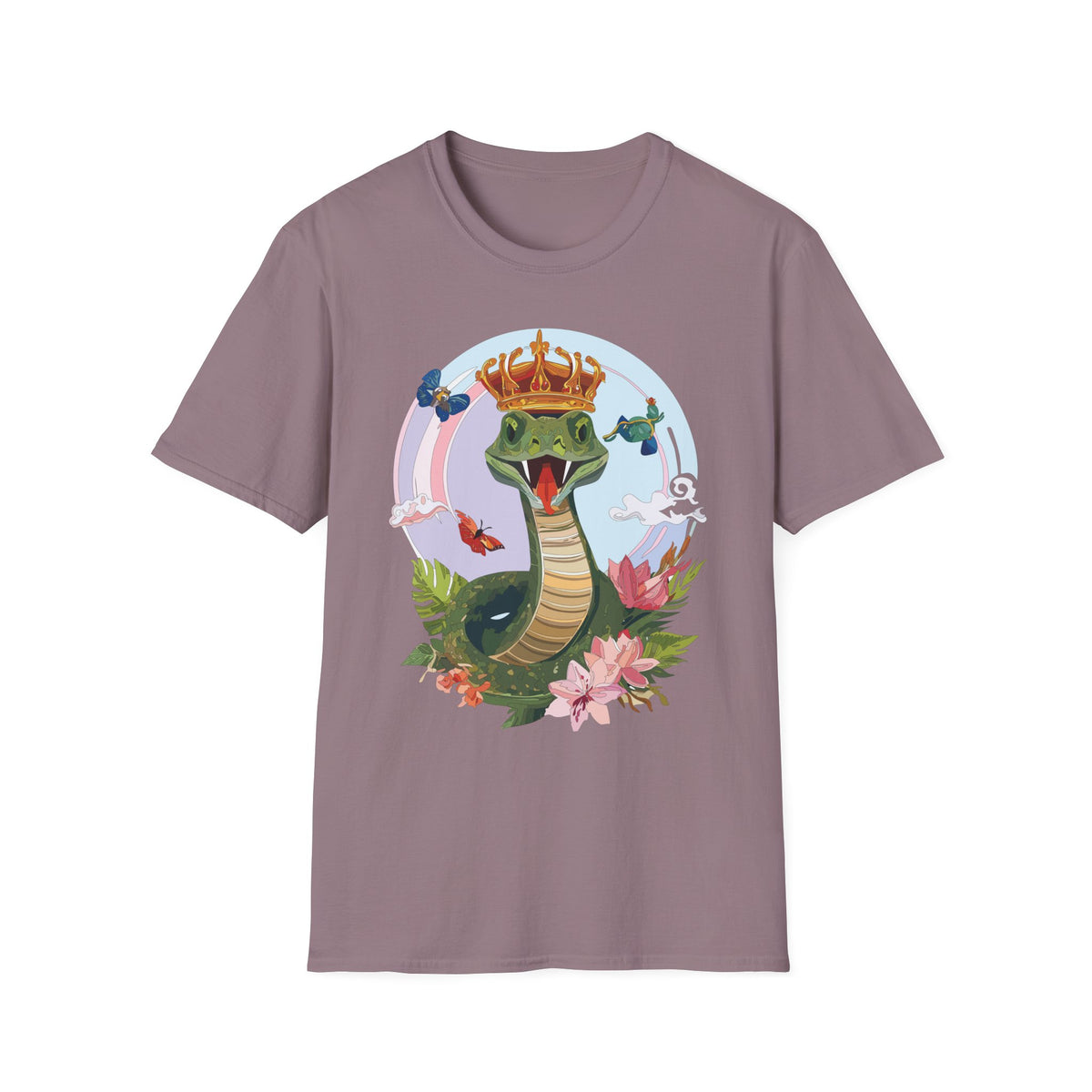 Crowned Snake Illustration T-Shirt | Regal Snake with Crown and Butterflies