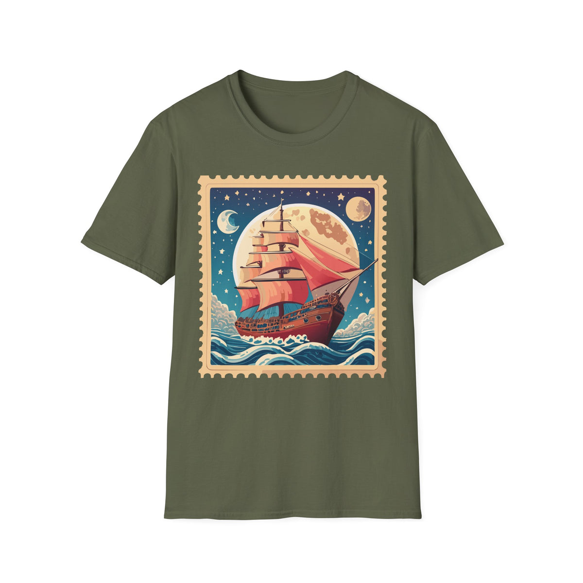 Vintage Sailing Ship Stamp T-Shirt | Moonlit Ocean Illustration