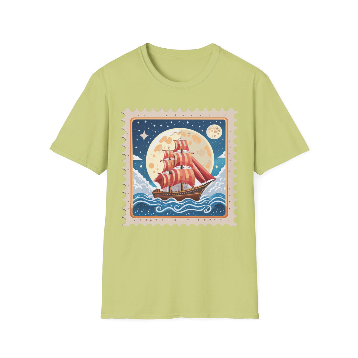 Red Sail Ship Moon Stamp T-Shirt | Nautical Vintage Illustration