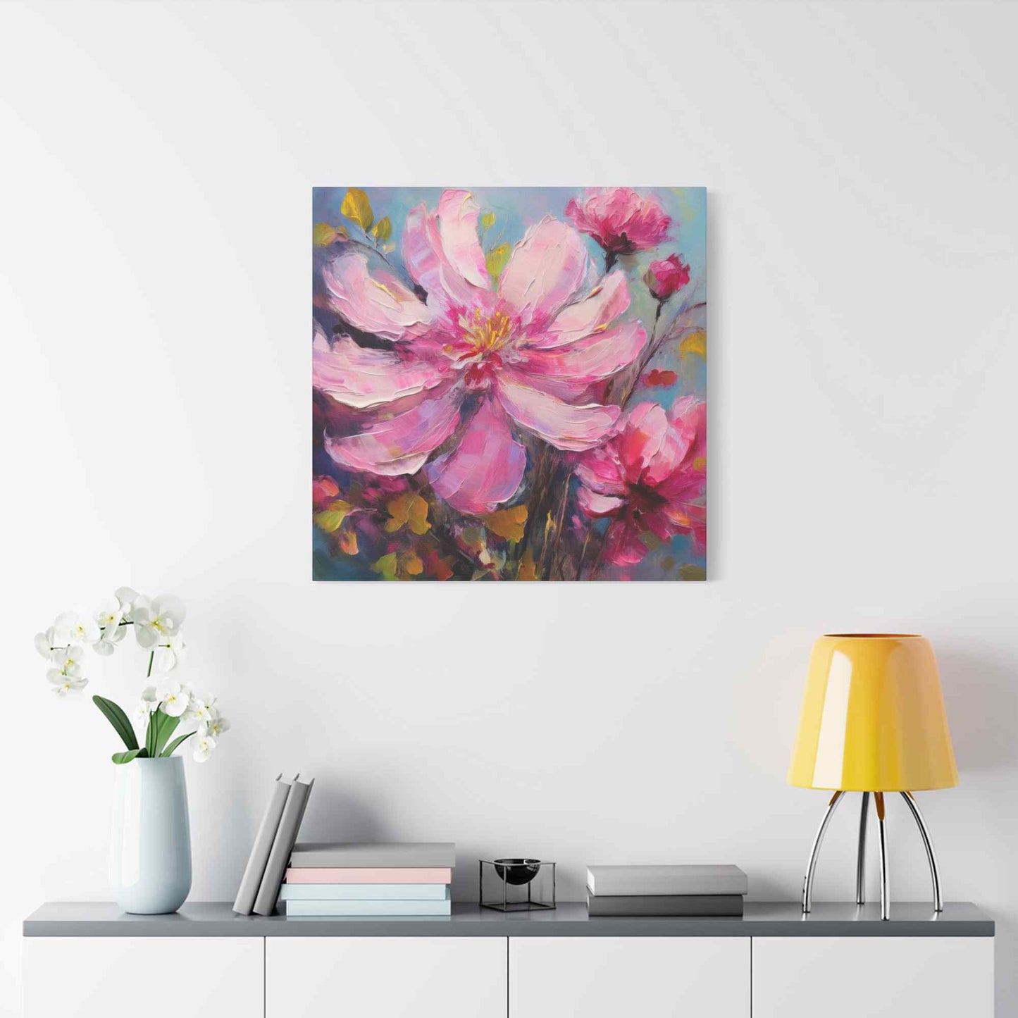 Pink Flowers Print Canvas, Pink Flowers Oil Paint Print 20x20, 24x24, 30x30, 32x32, 36x36, Art Design Print Non-Frame MC-12