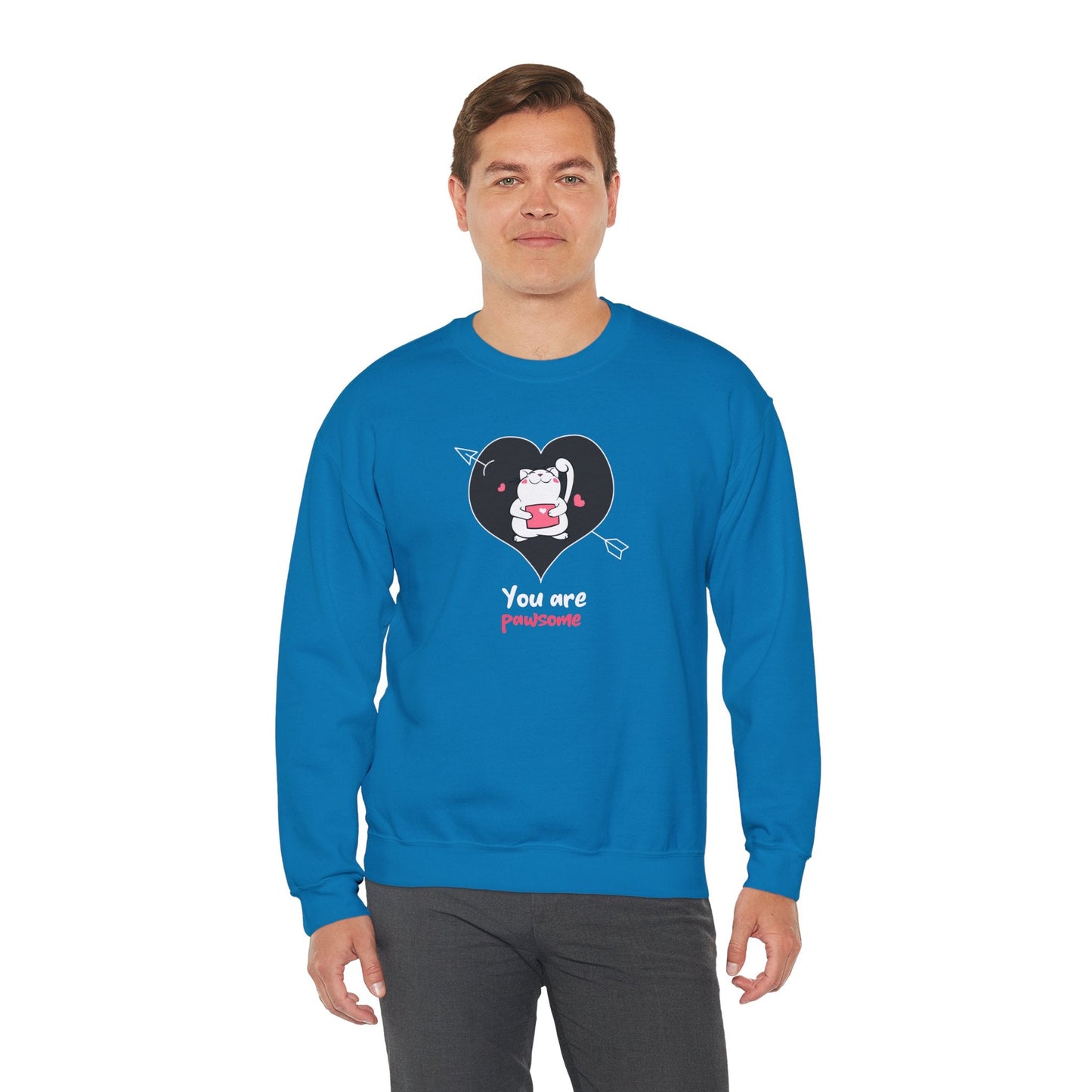 Cat Heart Sweatshirt Unisex Valentines Day Fifty Fifty Cotton Poly Crewneck Gildan 18000