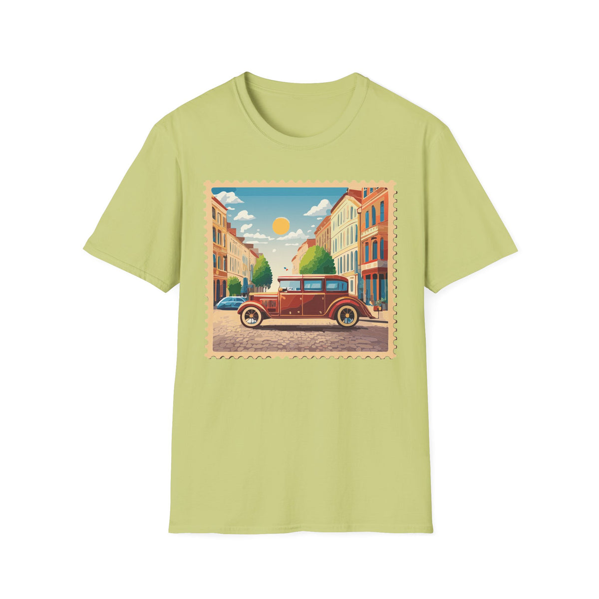 Vintage City Street Illustration T-Shirt | Retro Car, Sunny Urban Graphic Tee Unisex 100 Cotton Gildan T-Shirt