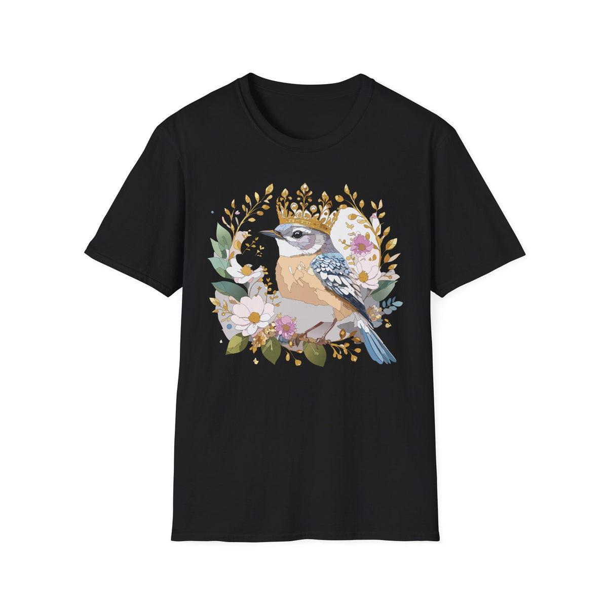 Blue Jay with Floral Wreath and Crown T-Shirt | Bird Illustration