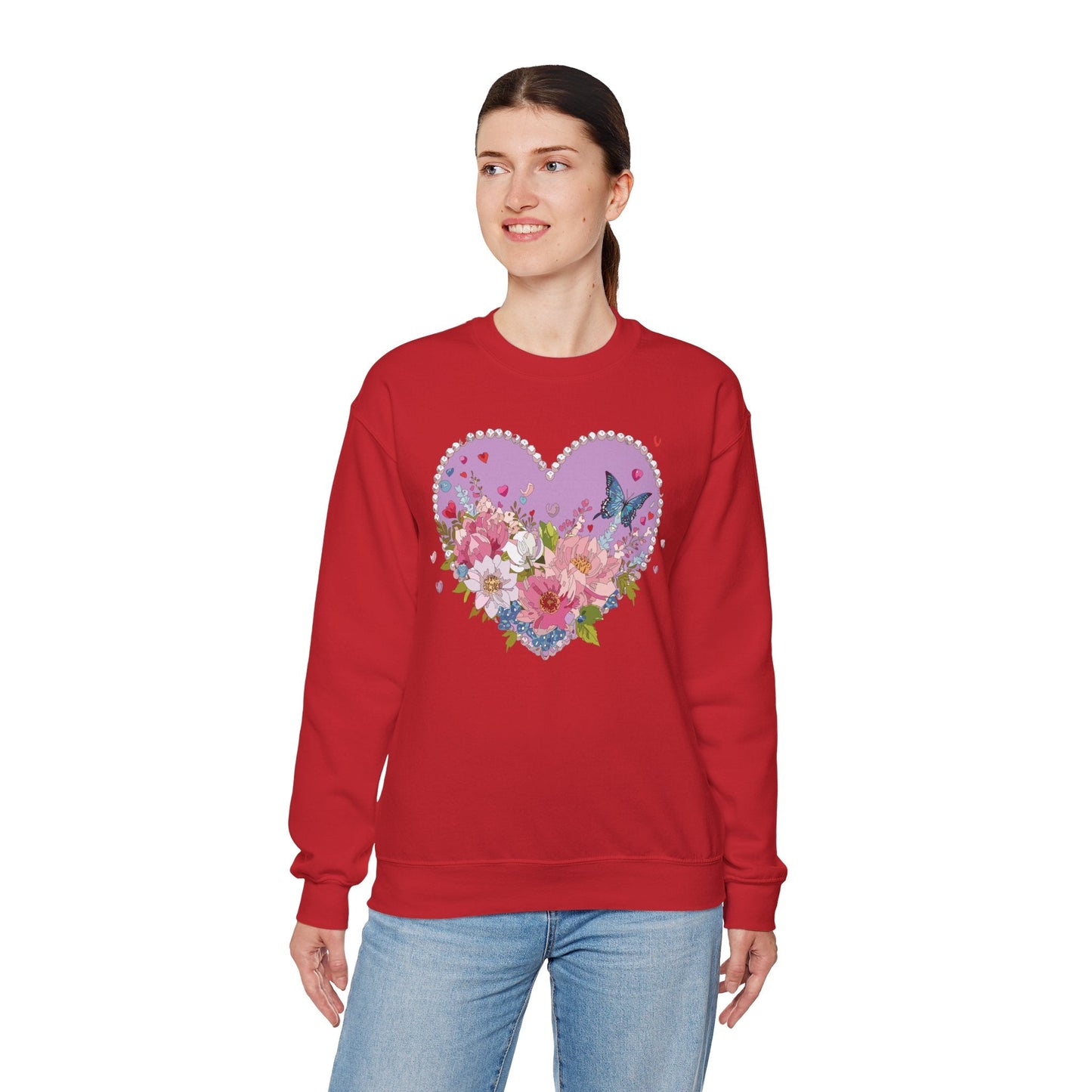 Floral Heart Sweatshirt Unisex Crewneck Valentines Day Heavy Blend Gildan 18000 Cozy Warm
