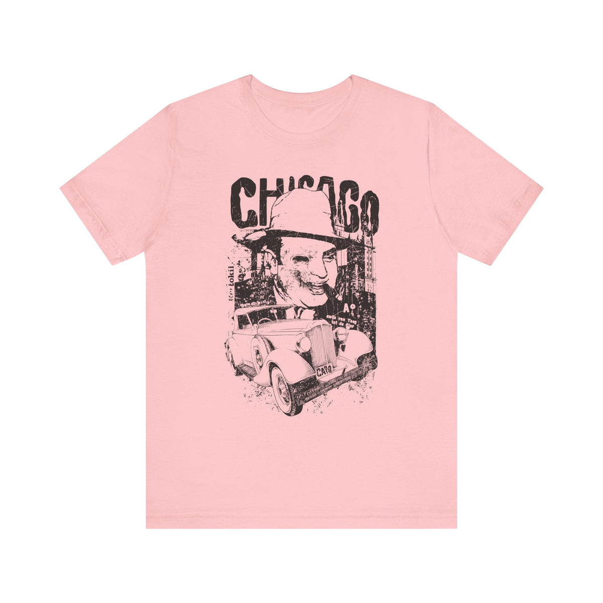 Chicago Retro Mobster Illustration Tee Vintage Car Cityscape Art Design Unisex Cotton T-Shirt A-8