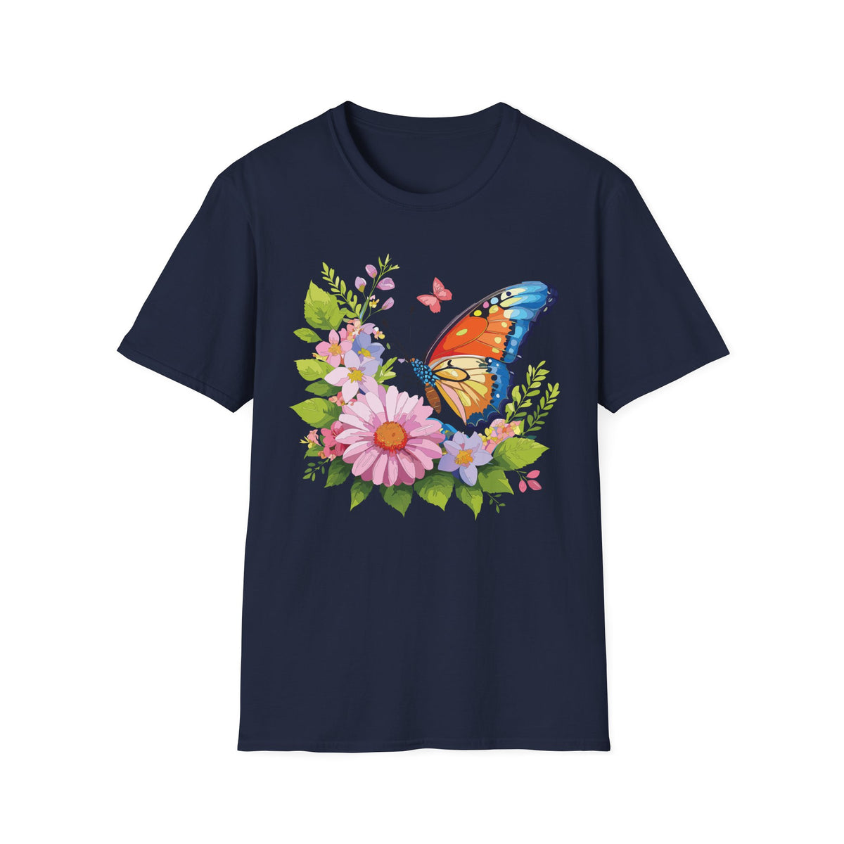 Butterfly Floral T-Shirt — Colorful Monarch & Spring Flowers Graphic Tee Unisex 100 Cotton Gildan T-Shirt