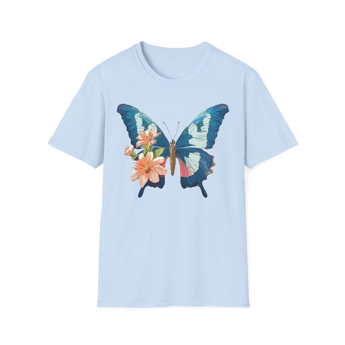 Blue Butterfly Floral Print T-Shirt | Botanical Wings Graphic Tee Unisex 100 Cotton Gildan T-Shirt