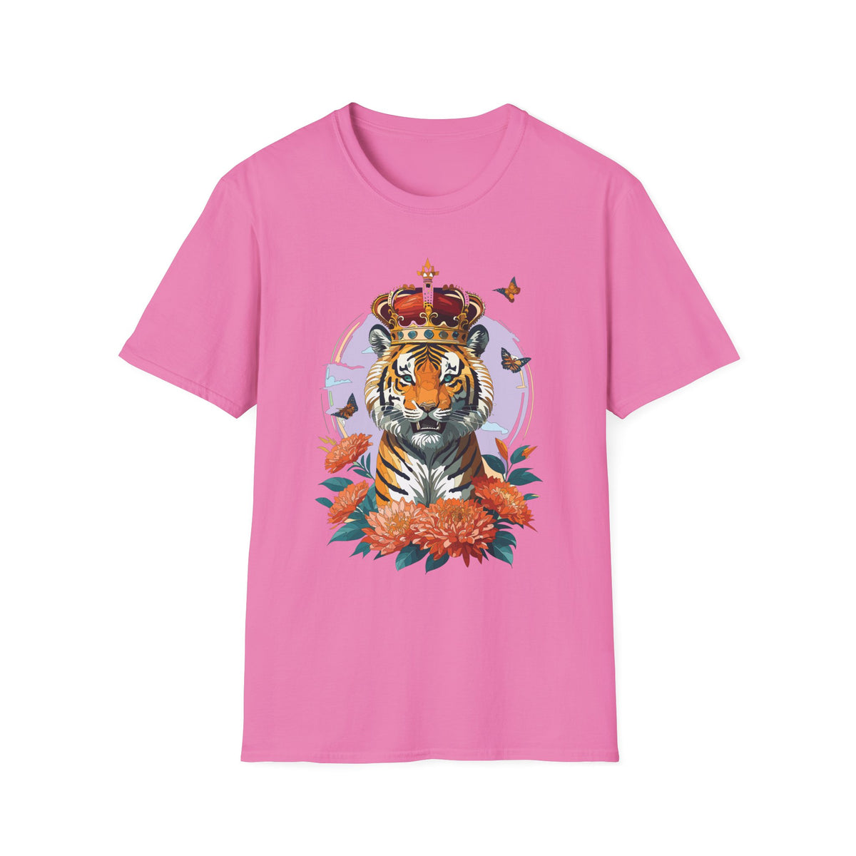 Tiger with Crown T-Shirt | Regal Tiger Artwork, Floral Accents - Unisex 100 Cotton Gildan 64000