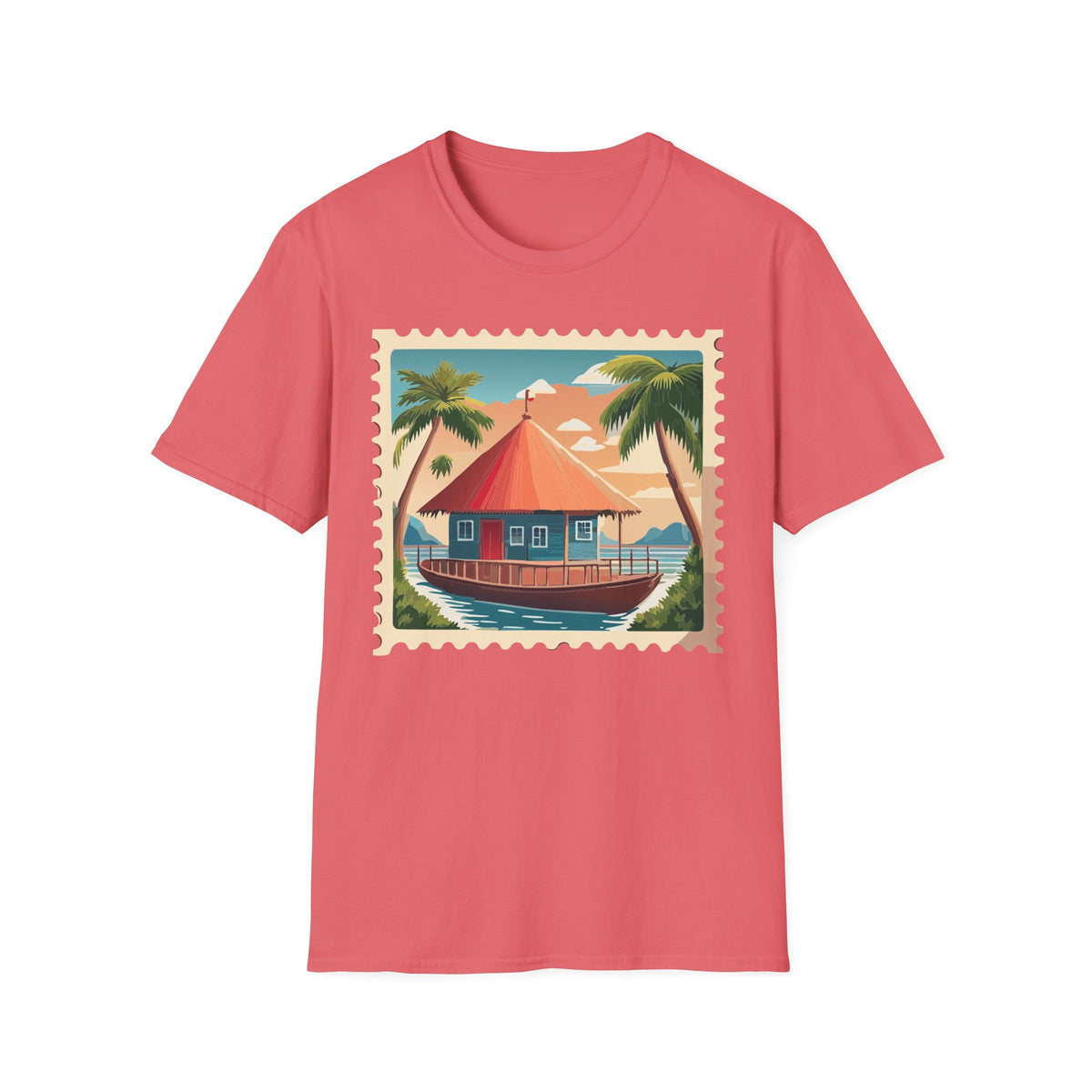 Tropical Beach Cottage T-Shirt | Palm Trees, Sunset Hut Graphic Tee Unisex 100 Cotton Gildan T-Shirt