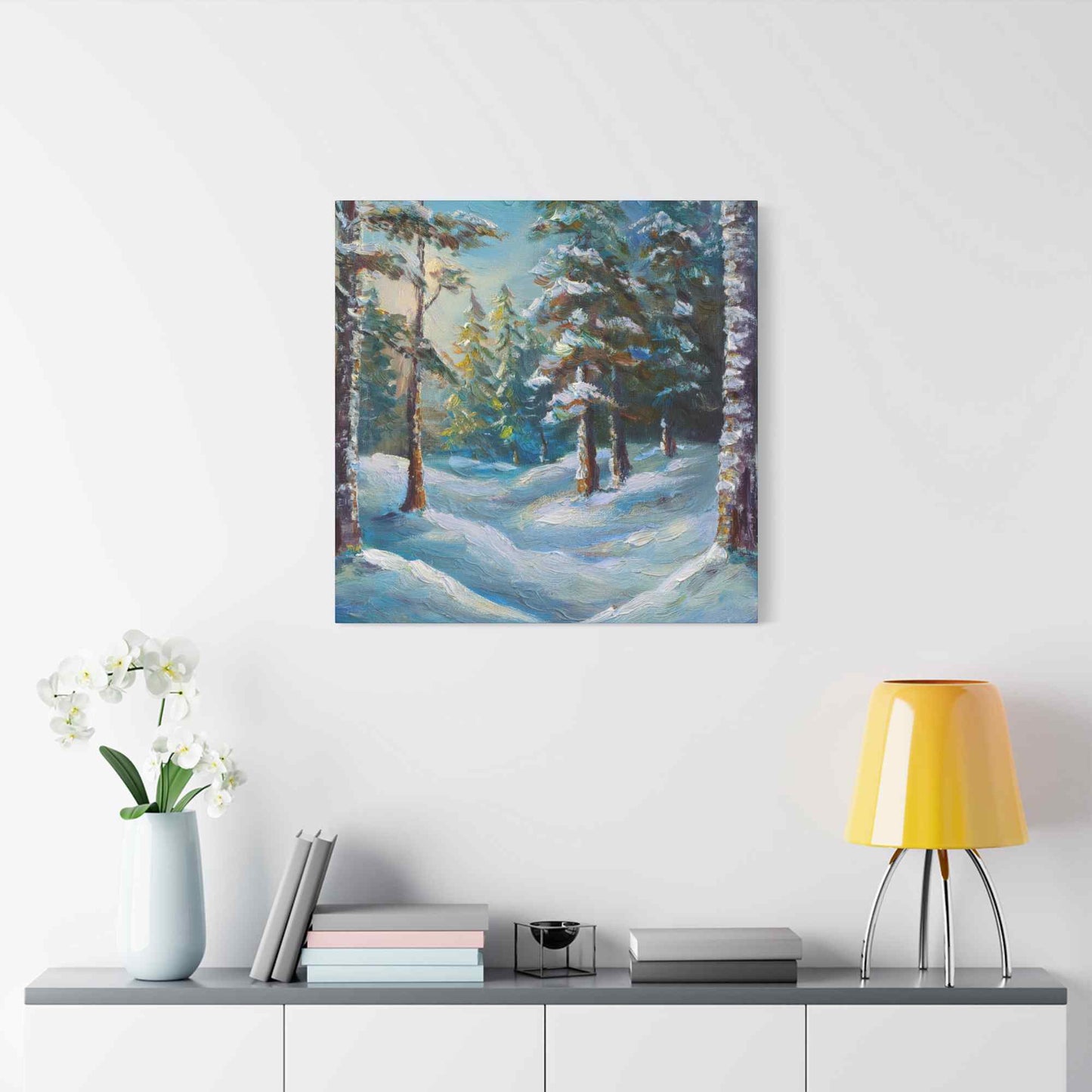 Snow Forest Print Canvas, Oil Paint Print 20x20, 24x24, 30x30, 32x32, 36x36 Art Design Print Pine-Wood Inner Frame MC-75